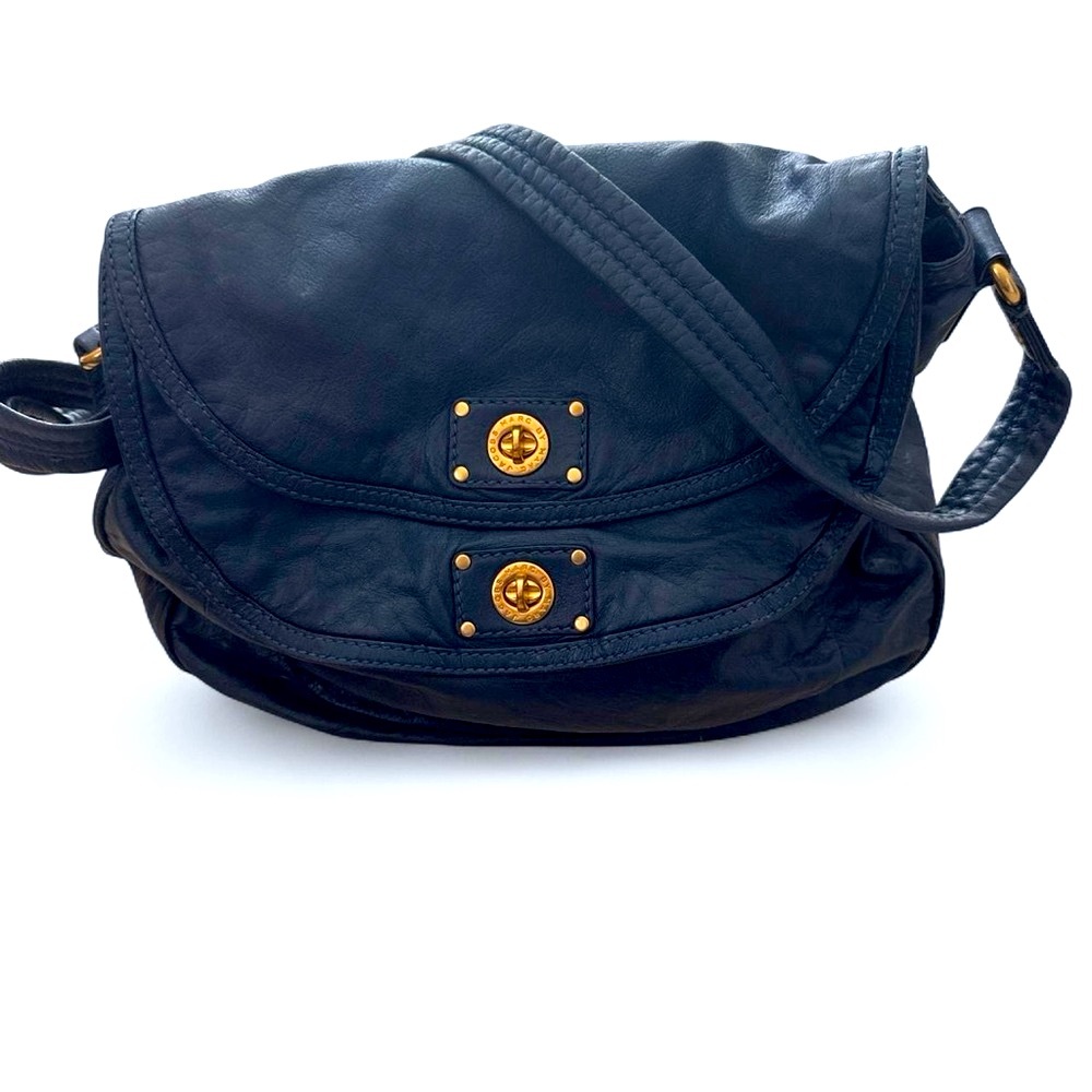 Large Navy Leather Messenger Bag